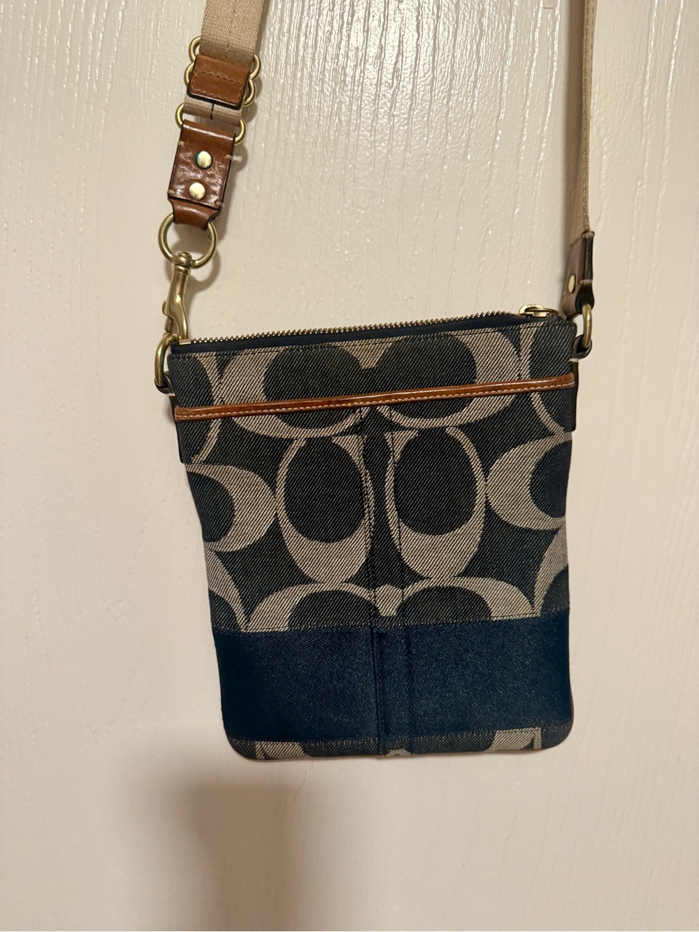 Coach Navy and Tan Signature Crossbody Camera Bag